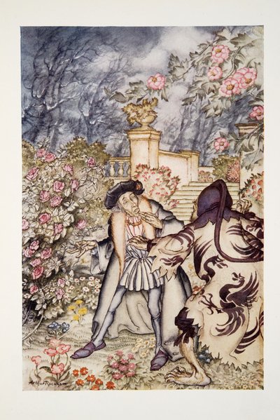 Hij hoorde een luid geluid en zag een beest op zich afkomen, zo angstaanjagend om te zien dat hij bijna flauwviel van angst, uit The Arthur Rackham Fairy Book, gepubliceerd 1933 door Arthur Rackham