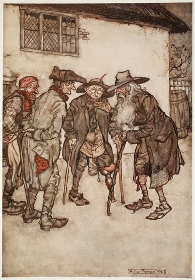 Hij vond al snel veel van zijn vroegere vrienden, hoewel ze allemaal nogal versleten waren door de tand des tijds., uit Rip Van Winkle door Washington Irving, pub. 1910 door Arthur Rackham