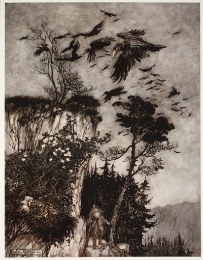 Hij werd alleen beantwoord door een zwerm luie kraaien., uit Rip Van Winkle door Washington Irving, uitgegeven 1910 door Arthur Rackham