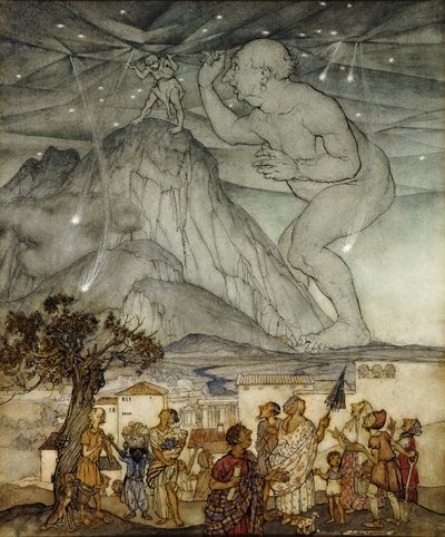 Hercules die de hemel ondersteunt in plaats van Atlas door Arthur Rackham