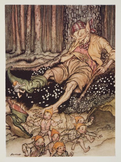 Klein Duimpje ging zachtjes naar de reus en trok zijn zevenmijlslaarzen uit, uit The Arthur Rackham Fairy Book, gepubliceerd 1933 door Arthur Rackham