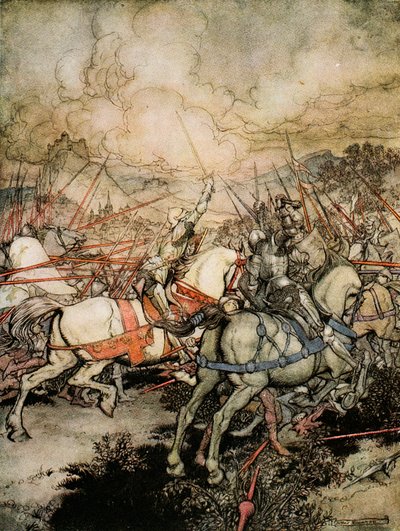 Hoe Arthur zijn zwaard, Excalibur, voor de eerste keer trok, illustratie uit 