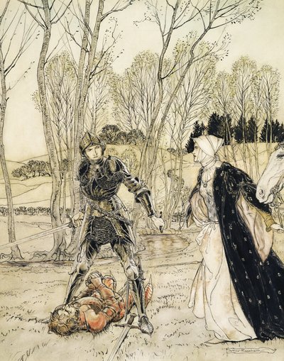 Hoe Beaumains de Rode Ridder versloeg, en altijd sprak de jonkvrouw vele vuile woorden tot hem door Arthur Rackham
