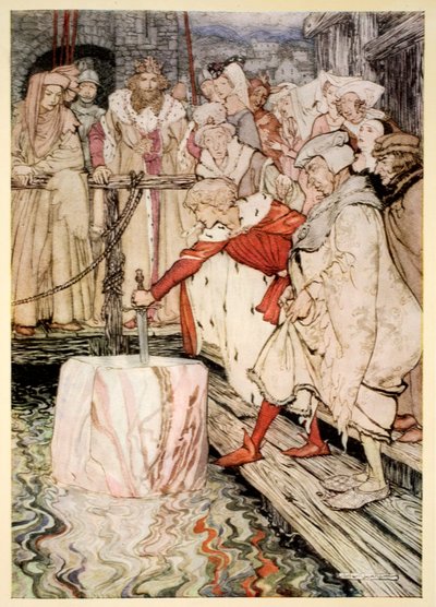 Hoe Galahad het zwaard uit de drijvende steen trok in Camelot, illustratie uit 