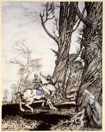 Hoe Sir Launcelot de ridder Sir Peris de Forest Savage doodde die dames, jonkvrouwen en vrouwen in nood bracht, illustratie uit 