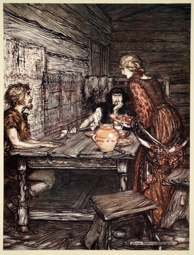 Hunding ontdekt de gelijkenis tussen Siegmund en Sieglunde, 1910 door Arthur Rackham