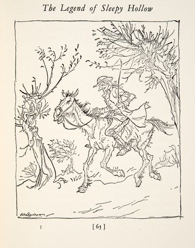 Ichabod Crane ontsnapt aan de ruiter zonder hoofd, uit De Legende van Sleepy Hollow door Washington Irving (1783 - 1859), pub. 1928 door Arthur Rackham