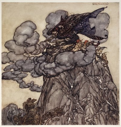 Als ze ontevreden was, zou ze wolken zwart als inkt brouwen, zittend in het midden ervan als een flesbuikige spin in het midden van zijn web; wanneer deze wolken braken, wee de valleien!, uit Rip Van Winkle door Arthur Rackham