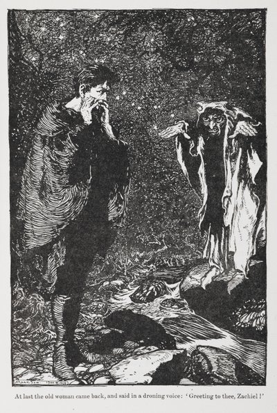 Illustratie uit Jorinde en Joringel van Zachiel en de oude vrouw door Arthur Rackham