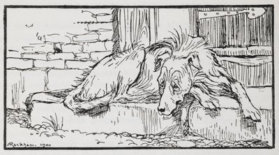 Illustratie van een hond uit Oude Sultan door Arthur Rackham