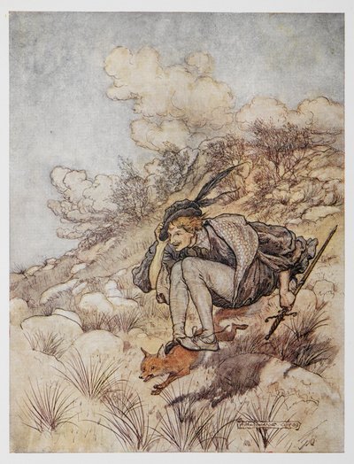 Illustratie van een prins die op een vos rijdt uit De Gouden Vogel door Arthur Rackham