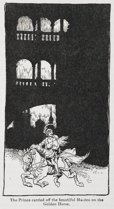 Illustratie uit De Gouden Vogel wanneer de prins de jonkvrouw op een paard wegvoert door Arthur Rackham