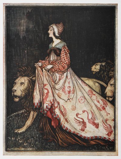 Illustratie uit De Dame en de Leeuw door Arthur Rackham