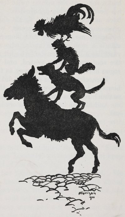 Illustratie van de Bremer Stadsmuzikanten van een ezel, hond, kat en haan door Arthur Rackham