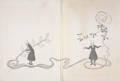 Illustratie van Scrooge. Aan de ene kant afgebeeld met een takje hulst, een zak geld vasthoudend en boos kijkend. Aan de andere kant afgebeeld met een takje maretak en gelukkig kijkend. door Arthur Rackham