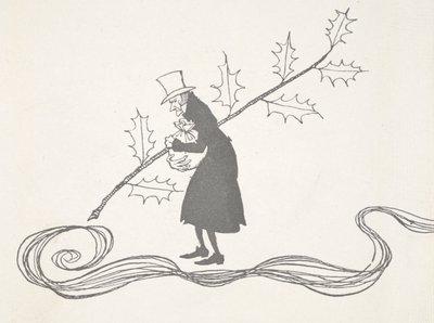 Illustratie van Scrooge, afgebeeld met een takje hulst, een zak geld vasthoudend en boos kijkend door Arthur Rackham