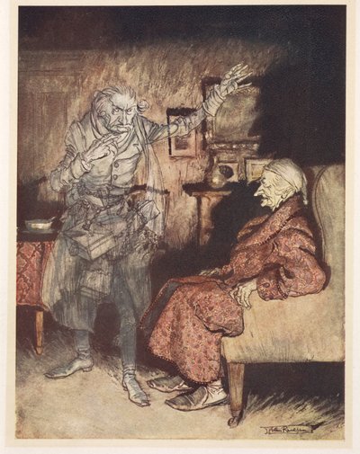 Illustratie van Scrooge met de Geest van Kerstmis Verleden door Arthur Rackham