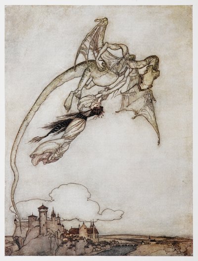 Illustratie van een draak die de prinses ontvoert uit De Vier Slimme Broers door Arthur Rackham