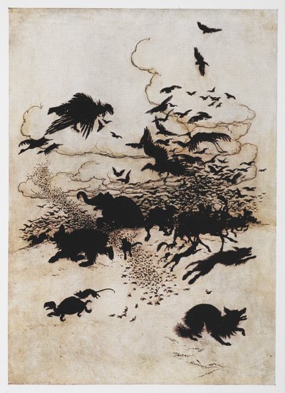 Illustratie van een dierenstormloop uit De Winterkoning en de Beer door Arthur Rackham