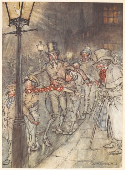 Illustratie van een straattafereel op kerstavond met Bob Cratchit en kinderen. door Arthur Rackham