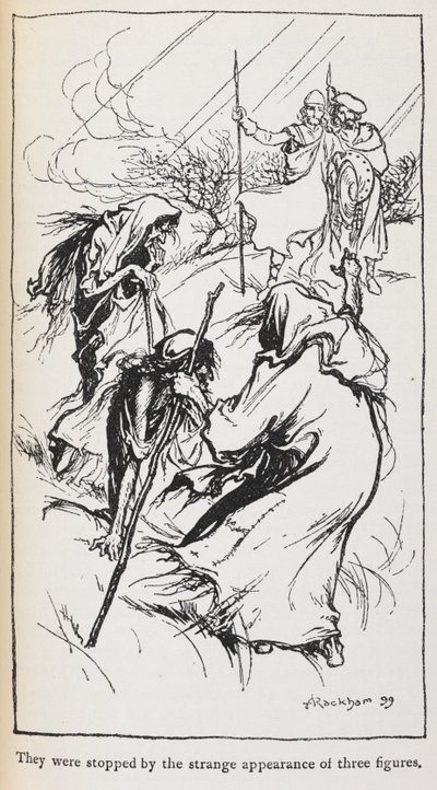 Illustratie van de drie heksen, Macbeth en Banquo door Arthur Rackham