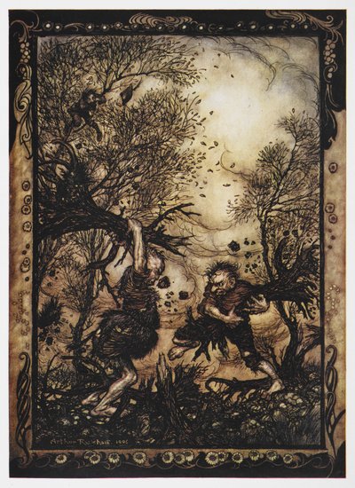 Illustratie van twee reuzen die vechten met bomen uit De Dappere Kleermaker door Arthur Rackham