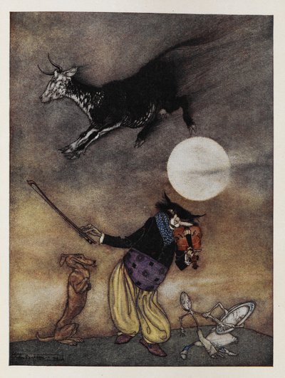 Illustratie bij een kinderrijmpje. Een koe die over de maan springt. Een kat die viool speelt. Een hond. Een schotel die wegrent met een lepel. door Arthur Rackham