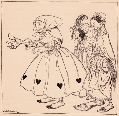 Binnen kwamen de drie vrouwen gekleed in de vreemdste mode. Illustratie door Arthur Rackham uit Grimm