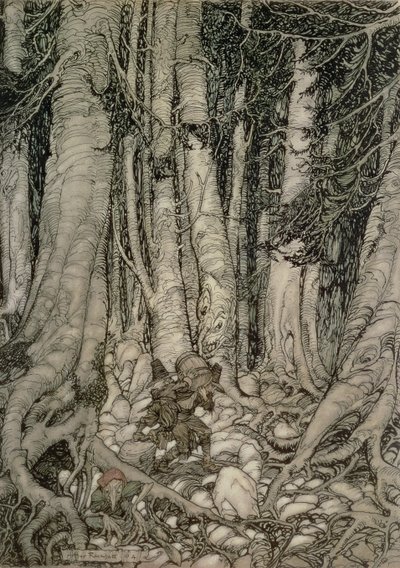 In het Bos met een Vat uit Rip Van Winkle geschreven door Washington Irving (1783-1859), 1905 door Arthur Rackham