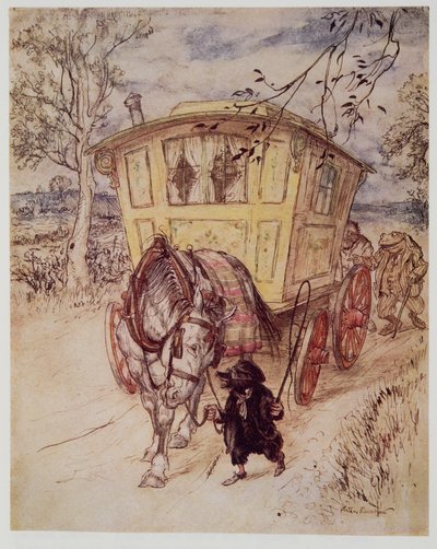 Het was een gouden middag: de geur van het stof dat ze opwierpen was rijk en bevredigend, uit Wind in the Willows van Kenneth Grahame, pub. 1940 door Arthur Rackham