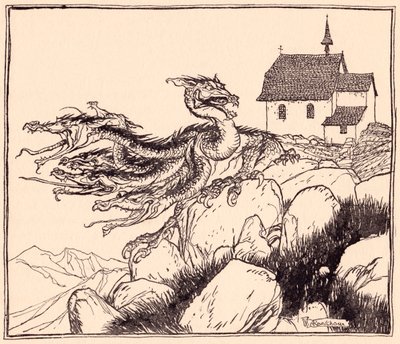 Het duurde niet lang voordat de zevenkoppige draak kwam, luid brullend. Illustratie door Arthur Rackham uit Grimm