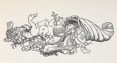 Items van een kerstfeest die uit een hoornvorm vallen. Items omvatten een kerstpudding, worsten, een kalkoen, een varken, een eend, een fazant, een taart en fruit. door Arthur Rackham