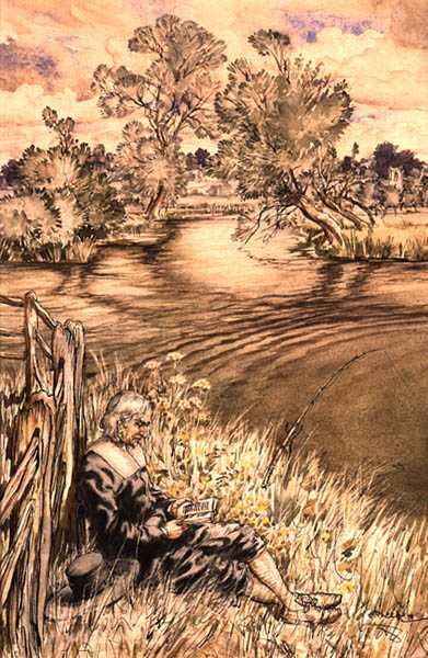 Izaak Walton leunend tegen een hek, een van een reeks illustraties uit Izaak Walton, 