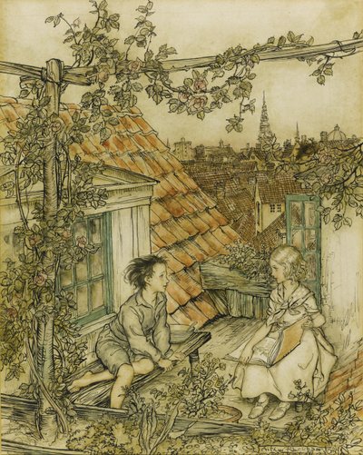 Kay en Gerda in hun tuin hoog op het dak. Illustratie voor het verhaal van De Sneeuwkoningin, 18 door Arthur Rackham