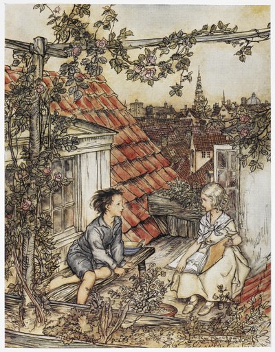 "Kay en Gerda in hun tuin hoog op het dak". Twee kinderen zittend op het dak van een huis. Illustratie voor 