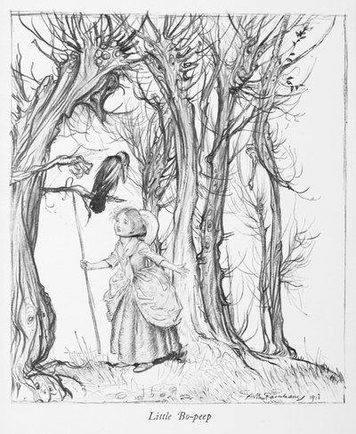 Klein Bo-peep in een bos met een vogel. door Arthur Rackham