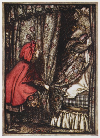 Roodkapje en de wolf verkleed als haar grootmoeder door Arthur Rackham