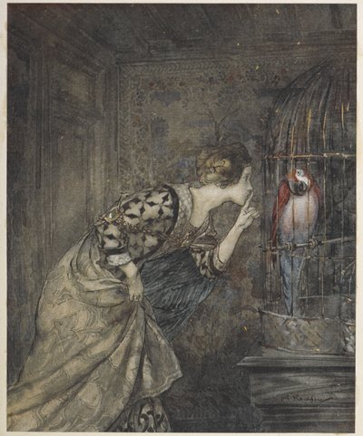 May Colvin en een papegaai in een kooi. door Arthur Rackham