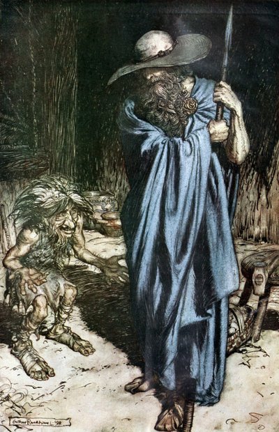 Mime en de Zwerver. Illustratie voor Siegfried en De Schemering der Goden door Richard Wagner door Arthur Rackham