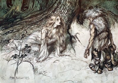 Mime vindt de moeder van Siegfried in het bos, 1924 door Arthur Rackham