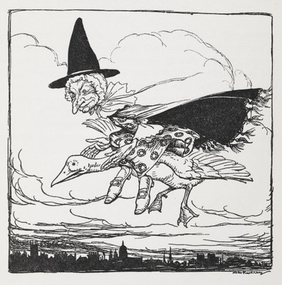Moeder de Gans vliegend op een gans. door Arthur Rackham