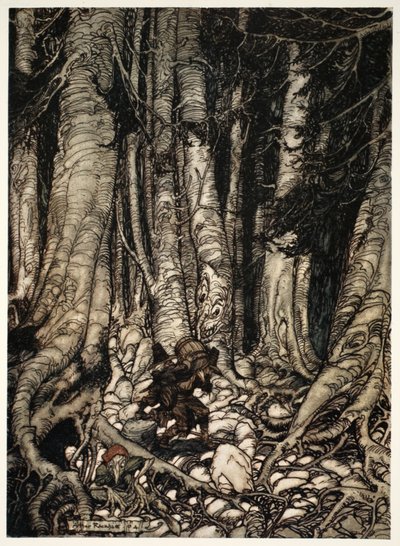 Elkaar afwisselend klommen ze een smalle kloof op., uit Rip Van Winkle door Washington Irving, uitgegeven 1910 door Arthur Rackham