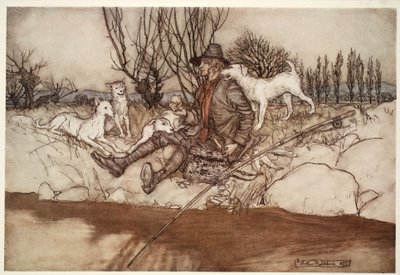 Geen enkele hond zou naar hem blaffen in de hele buurt., uit Rip Van Winkle door Washington Irving, uitgegeven 1910 door Arthur Rackham