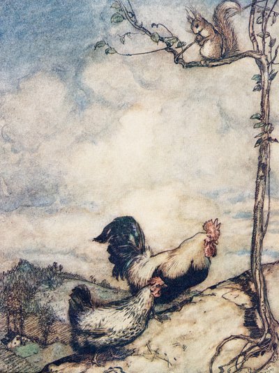 Nu gaan we de heuvel op en hebben een goed feest voordat de eekhoorn alle noten meeneemt, uit De Sprookjes van de Gebroeders Grimm, pub. 1909 door Arthur Rackham