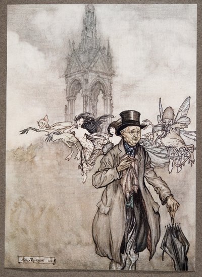 Oude meneer Salford was een krabappel van een oude heer die de hele dag door de tuinen dwaalde, uit Peter Pan in Kensington Gardens door J M Barrie (1860 - 1937), pub. 1906 door Arthur Rackham