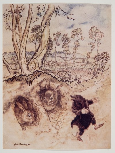 Uien-saus! Uien-saus! merkte hij spottend op, en was verdwenen voordat ze een antwoord konden bedenken, uit Wind in the Willows van Kenneth Grahame, pub. 1940 door Arthur Rackham