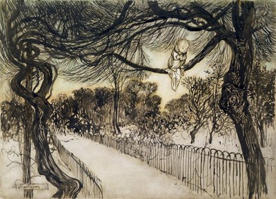 Peter Pan op een tak, scène uit Peter Pan in Kensington Gardens door J.M. Barrie door Arthur Rackham