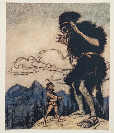 Hij haalde het stuk zachte kaas uit zijn zak en kneep erin tot het vocht eruit liep, uit De Sprookjes van de Gebroeders Grimm, uitgegeven 1909 door Arthur Rackham