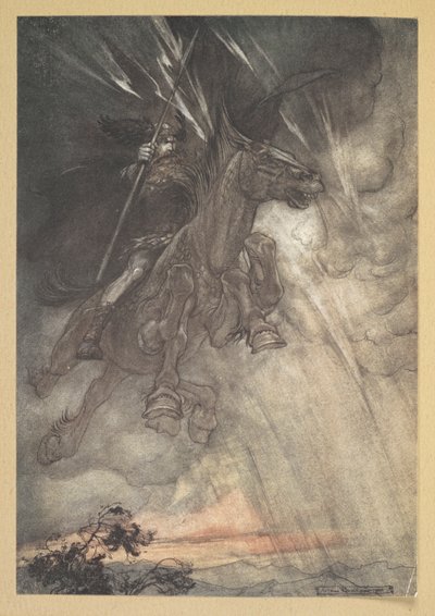 "Woedend rijdt Wotan naar de rots! Als een stormwind komt hij!" door Arthur Rackham