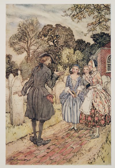 Voor hun vermaak alle grafschriften op de grafstenen voordragen, uit De Legende van Sleepy Hollow door Washington Irving (1783 - 1859), pub. 1928 door Arthur Rackham